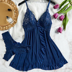 2 Pcs Set Sexy Lingerie Set Women Deep V Slip Dress Thong Erotic Bra Panty Sets Lace Nightdress Transparent Soft Nightgown