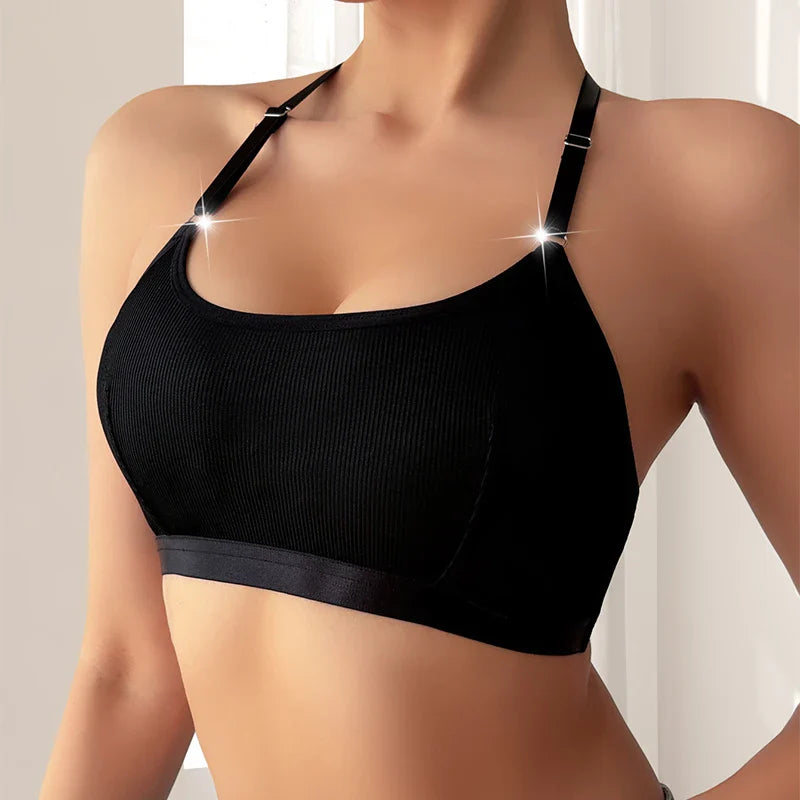 1pcs New Style Ribbed Women Camisole String Pearls Decor Backless Underwear Sexy Lingerie Comfortable Wire-Free No Pad Lady Bras