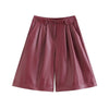 Burgundy Leather Wide Leg Shorts For Women High Waist With Pockets Stylish Daily Simple Casual Leather Button Zipper Shorts GQ6I test