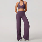 Hearuisavy Summer Yoga Set 2Pcs Women Breathable Backless Halter-Neck Sports Bra Push Up Pilates Fitness Top Straight Leg Pants