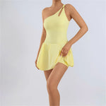 Pad Womens One Shoulder Strap Yoga Set Tennis Dress Built-in Bra Anti Shorts Athletic Golf Workout Dress SkortsXP168