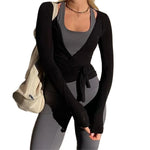 Women Cross Wrap Tie Crop Tops Yoga Shirts Long Sleeve Deep V Neck Solid Color Slim Fit Shirts Ladies Yoga Workout Blouses Tees