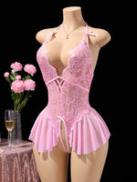 Pink Sexy Lingerie Women Hollow Open BodysuitAdult Apparel Teddy Crotchless Erotic Underwear One Piece V-neck Hot Lace Pajamas