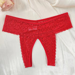 1pcs Women's Sexy Red Lace Open Crotch Thong Panties Floral Lace See Through Low Rise Intimate Lingerie for Ladies Nightwear