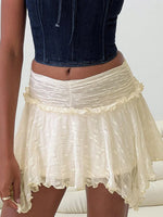 Women's Solid Color Gothic Mini Skirts Lace Ruched High Waist Skirts Spring Summer Irregular Hem Casual Skirts