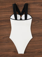 New White Black Patchwork Swimwear Women Halter Metal Ring Linked Hollow Out Slim Tummy Control One Piece Swimsuit Monokini 2025