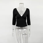 Trendix V Neck Slim Long Sleeve Tops Women 2026 Spring Casual Vintage Bodycon Pullover Top Party Retro Office Basic Backless Top