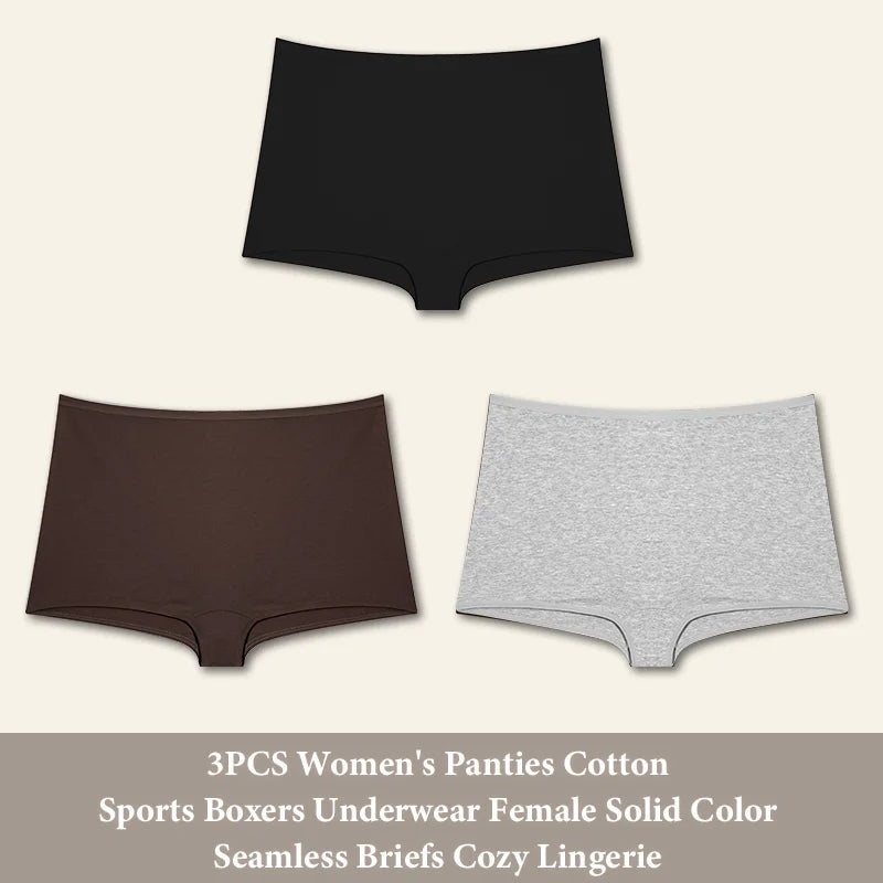 3PCS Women'sCotton Seamless Panties Sports Boxers Underwear Female Solid Color Briefs Cozy Lingerie Intimate Underpants XS-XL
