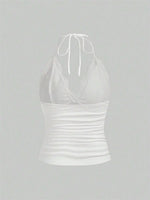 Lace V-neck Halter Top Women Summer Sexy Grunge Punk Goth Backless Ruched Crop Top Cami Top Streetwear Y2K Clothes 2024