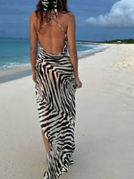 Yiiciovy Sexy Women's Split Beach Long Dress Cover-Ups Zebra Stripe/Leopard Print Summer Backless Dress for Beachwear Streetwear