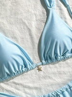 Sexy Starfish Ornament Bikini Set 2026 Women Sky Blue Pleate Push Up Bra Pleate Thong Swimwear Beach Bathing Suit Micro Swimsuit