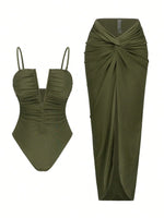 Vintage Green One Piece Swimsuit Long Skirt Sets 2026 Women V Neck Pleate Tummy Control Bathing Suit Holiday Swimwear Monokini