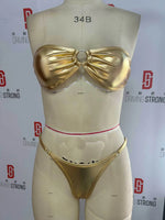 Sexy Bandeau Bikini 2025 Women Gold Black Metal Ring Linked Hollow Out Push Up Micro Swimsuit Shiny Bathing Suit Thong Swimwear