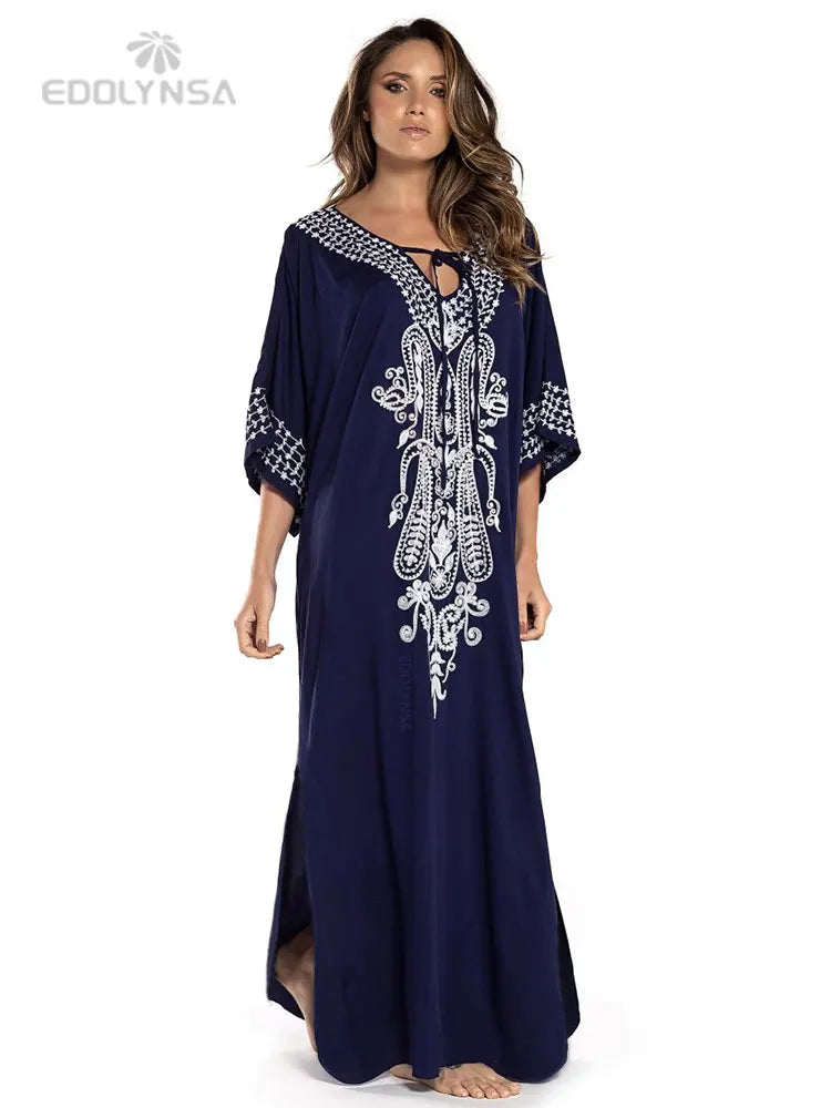 2026 Indie Folk Embroidered Short Sleeve Summer Dress Cotton Tunic Beach Kaftan Women Beachwear Swimsuit Cover Up Robe de plage