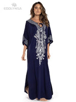 2026 Indie Folk Embroidered Short Sleeve Summer Dress Cotton Tunic Beach Kaftan Women Beachwear Swimsuit Cover Up Robe de plage