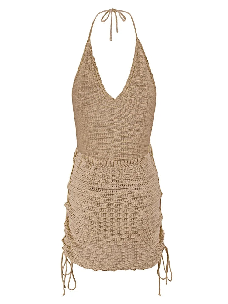 Solid Knit Halter V-neck Side Cross Straps Slim Beach Mini Dress 2026 Women Crochet Beach Swimsuit Cover Up Vacation Outfit K104