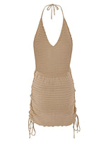 Solid Knit Halter V-neck Side Cross Straps Slim Beach Mini Dress 2026 Women Crochet Beach Swimsuit Cover Up Vacation Outfit K104