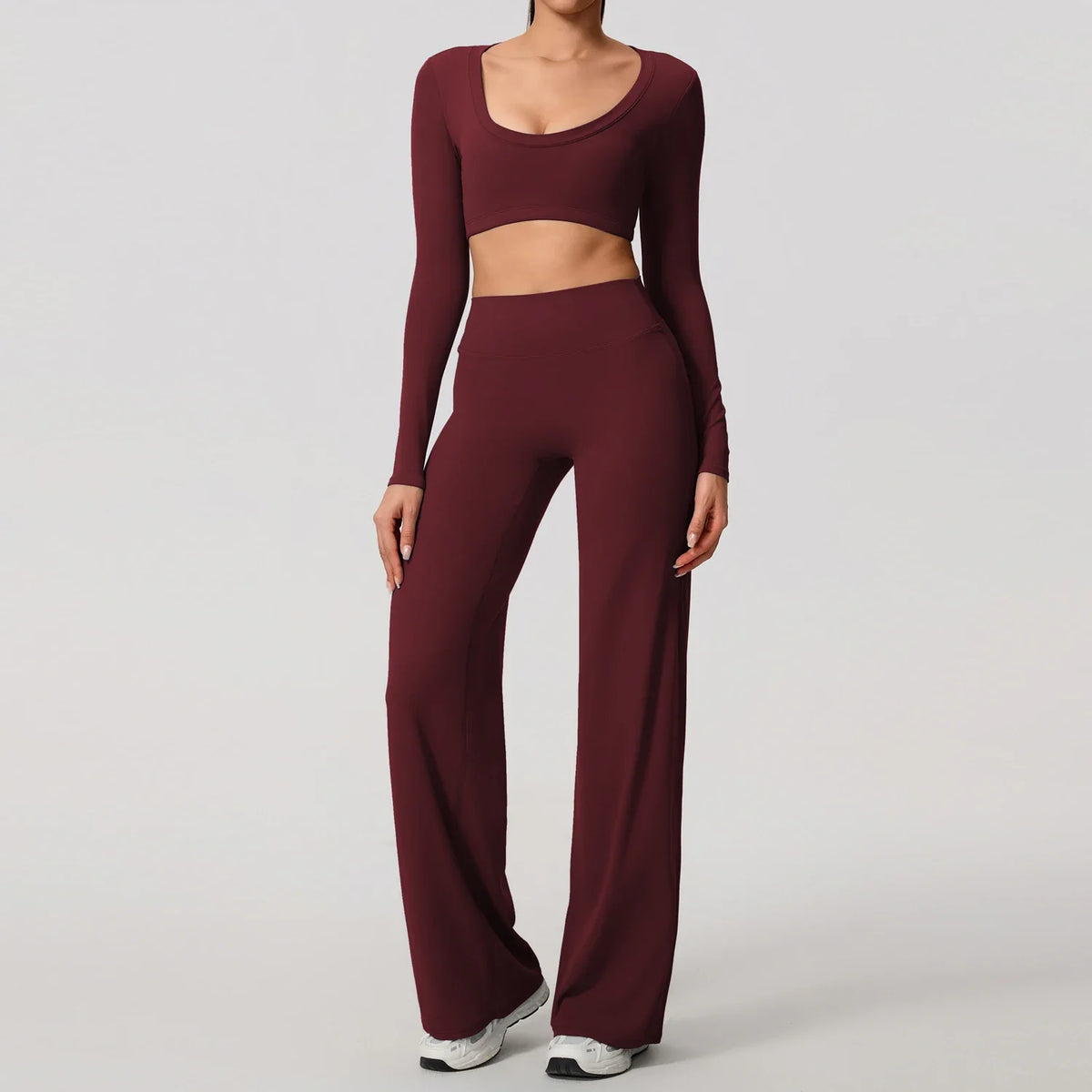 Hearuisavy Sports Set 2Pcs Women'sLong Sleeve Backless Fitted Fitness Top Push Up Pilates Yoga Top Wide Leg Straight Leg Pants