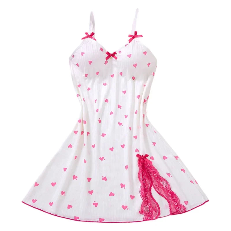 Women's Sleepwear Underwear Rose Lace Bow & Heart PrintSleep Dress Sexy Pijamas SetV NeckPajamas Mini Nightgowns Hot Dress