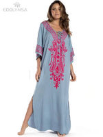 2026 Indie Folk Embroidered Short Sleeve Summer Dress Cotton Tunic Beach Kaftan Women Beachwear Swimsuit Cover Up Robe de plage