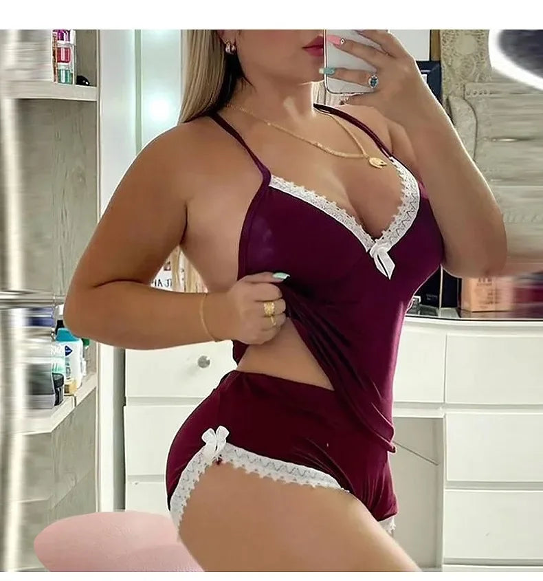 Sexy Lace TrimNightgown Set Large Size Home Wear Strap Sleepwear Two Piece Set Hot Sale