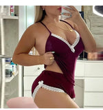 Sexy Lace TrimNightgown Set Large Size Home Wear Strap Sleepwear Two Piece Set Hot Sale