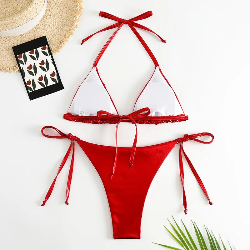 Sexy Gold Silver Red Strings Bikini 2024 Women Swimsuit Female Swimwear Thong Bikinis Set Brazilian Beach Bathing Suit Biquini