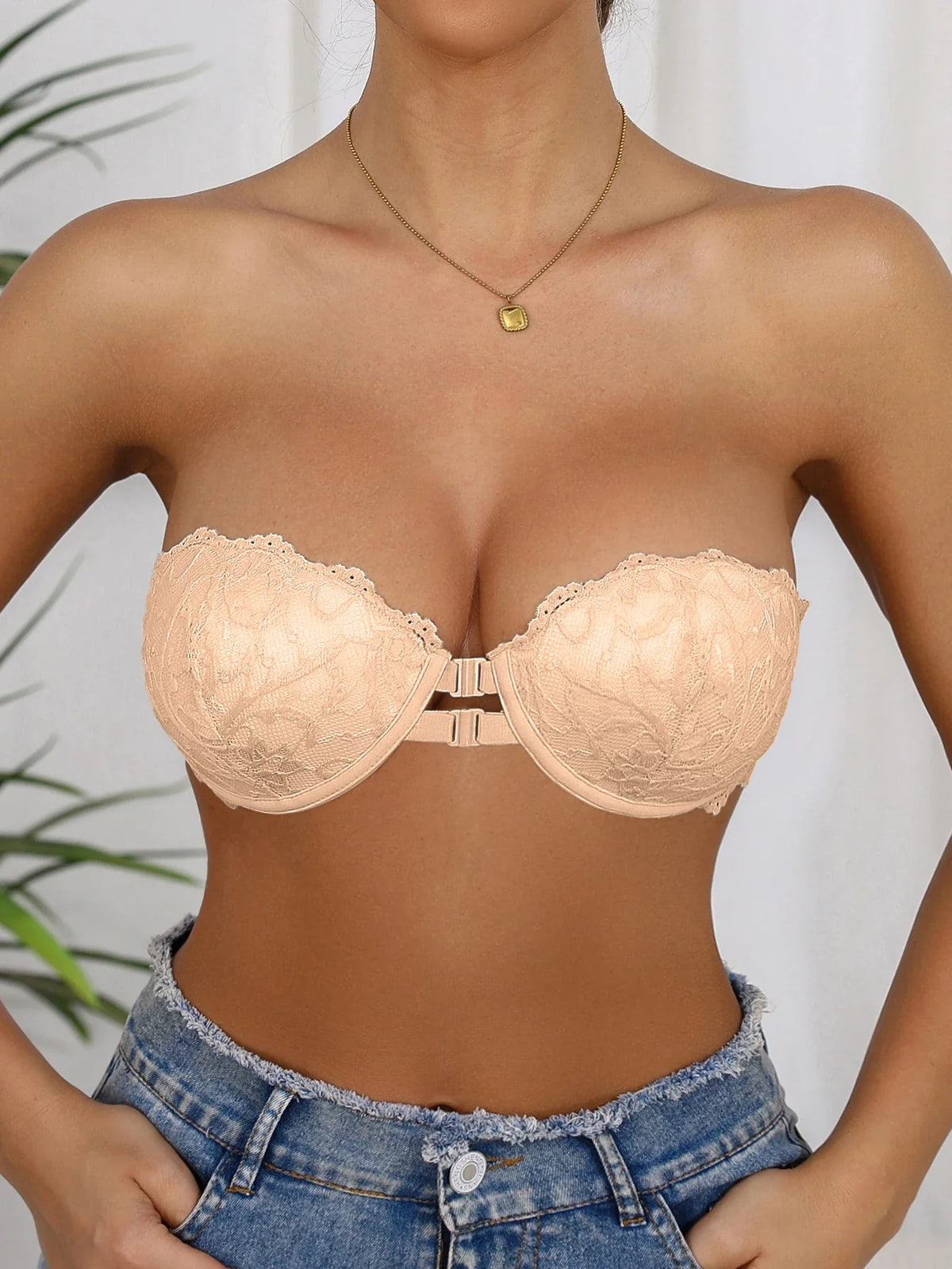 Lace Strapless Bra Double Front Closure Push Up Bralette for Women Invisible Anti-Slip High support Women's underwear