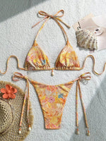 Sexy Orange Leaves Print Micro Bikini 2025 Women Shell Ornament Push Up Bra Bandage Thong Swimsuit Holiday Bathing Suit Swimwear