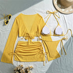 Beige Mesh Halter String Triangle Micro Thong Bikinis Sets 4 Pieces Long Sleeve Cover Ups Sexy Swimsuit Women Holiday Swimwear