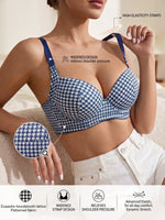 Women's Plaid Push-Up Bra Wide Straps Seamless Smoothing Underwear Underwire Side Support Adjustable Bra for Daily Wear
