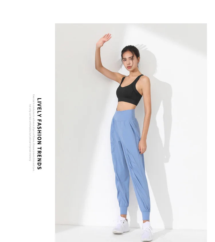 Hearuisavy Yoga Pants Loose Slim Quick-Dry Yoga Pants Pleated Hem Bound Running Fitness Capris Pockets Jogging Pants Woman