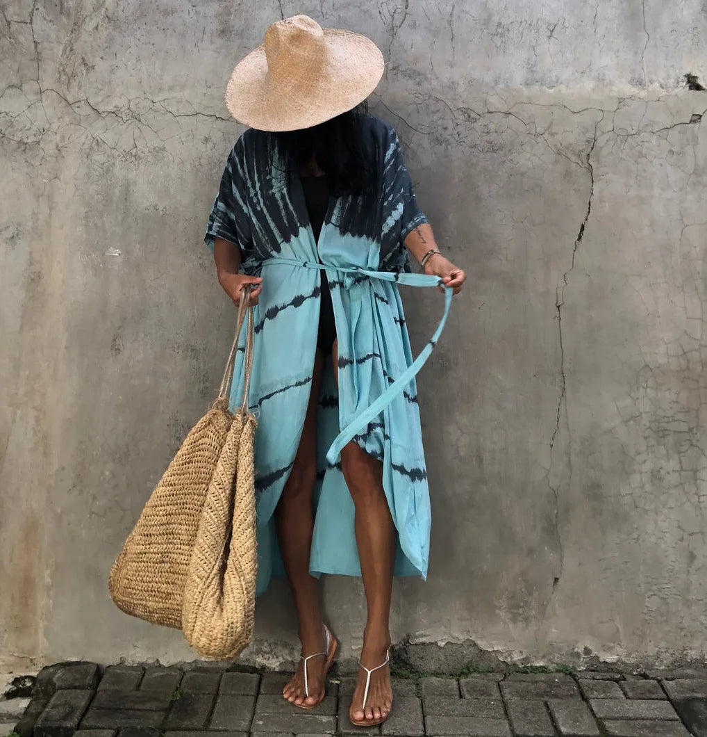 Beach Cover Ups for Swimwear Women Black Tie Dye Kimono Swimsuit Cape Summer Dress 2022 Beachwear Outfits Sales
