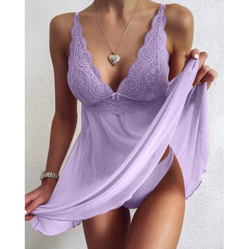 Sexy Lingerie Dress Women Lace Mesh See Through Nightdress Solid Slim V Neck Slip Sleepwear Summer Hot Nightgown Night Shirts