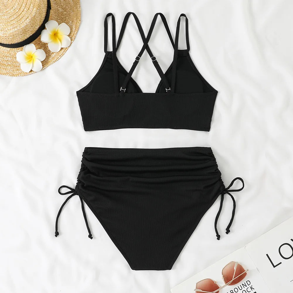 Women's Two Piece Swimsuit Black Double Strap Push Up Pleate Drawstring Side High Waist Bikini 2025 Beach Bathing Suit Swimwear