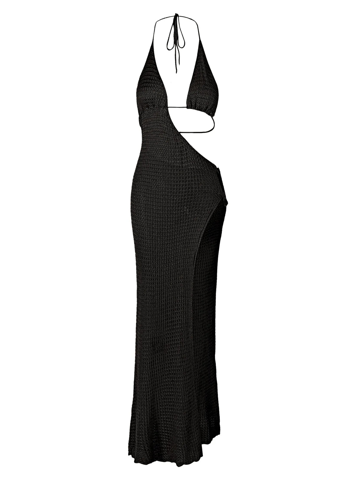 Sexy Slim Low-cut Tie Knit Halter Cut Out Circle Decoration High Slit Beach Maxi Dress 2026 Women Summer Swimsuit Cover Up K88