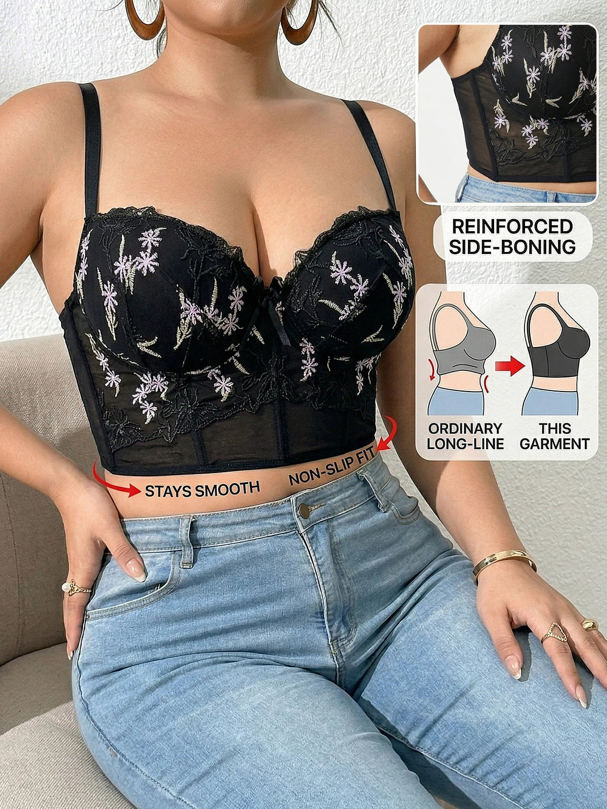 Women's Floral Embroidery Lace Push Up Bra With Underwire Longline Shaping Side Support Minimizer Comfortable Bra