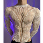 New American Style Fashion Men Vests Tops Crew Neck Sexy HollowMesh Bodysuit CasualLong Sleeve Tank Clubwear Party Costume