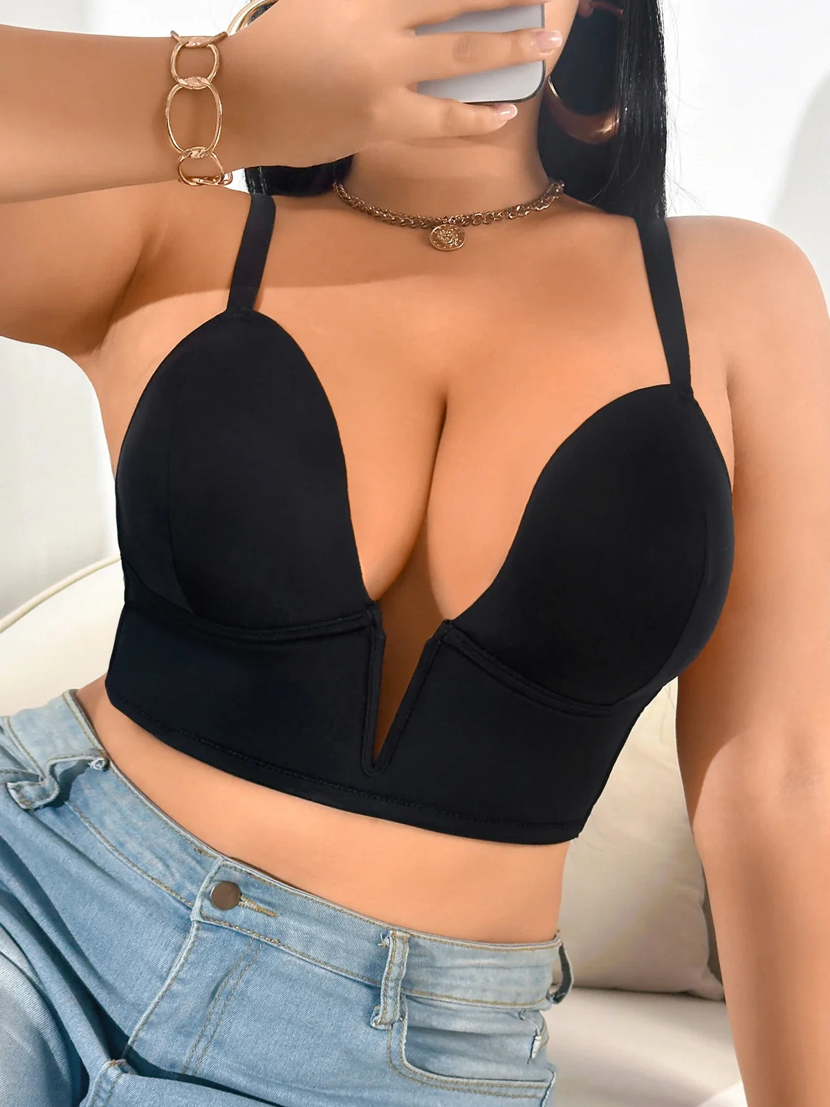 Wide Straps Back Deep V Push Up Bra Comfortable Plus Size Thin cup Minimizer Bralette for Women