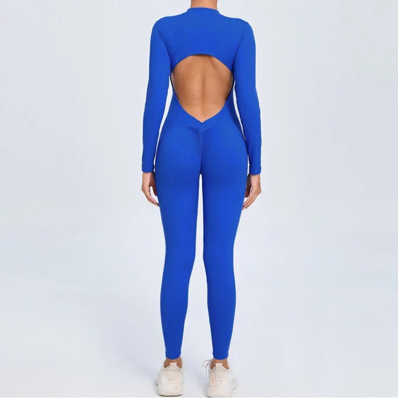 Hearuisavy Summer V Back Sports Jumpsuit Yoga Clothes Rompers Women Long Sleeveles Workout Bodysuits Backless One-piece Suit