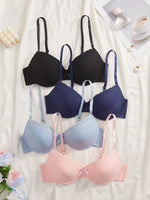 4Pcs Daily Lace Trim Women's Underwear Set Rib Knit Push up Underwire Bra Airy & Stylish Women's Bra