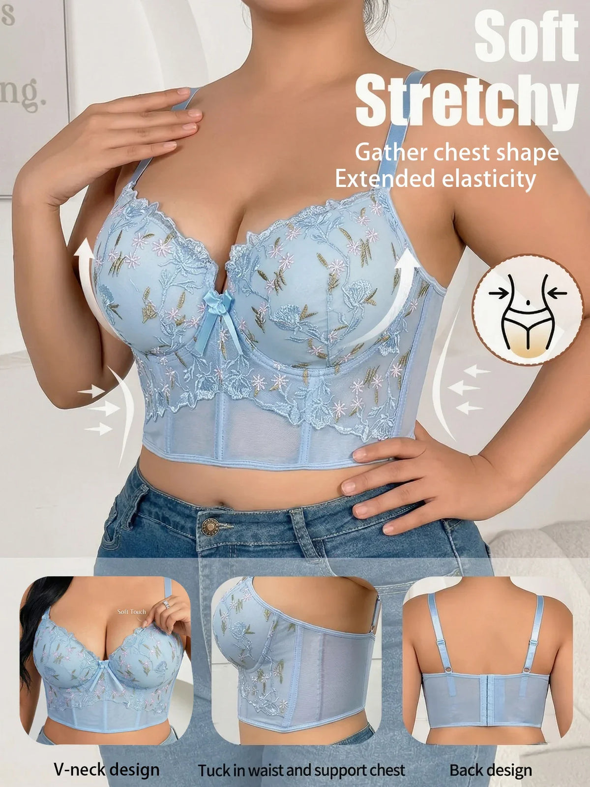 Women's Floral Embroidery Lace Push Up Bra With Underwire Longline Shaping Side Support Minimizer Comfortable Bra