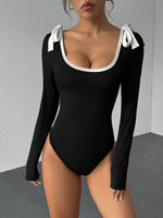 Women's Casual Color Block Slim Fit Long Sleeve Bodysuit Commuting Tie-Strap Decorate Rib-Knit Bodysuit Spring/Fall 2026