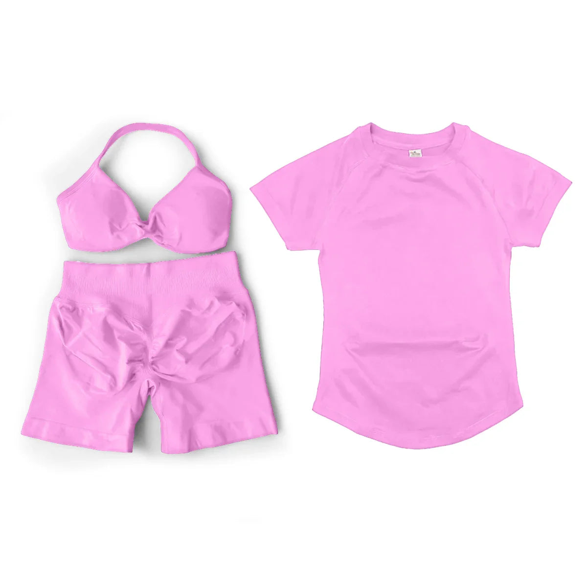 3 Pcs Gym Set Woman Short Sleeve Sport T-Shirt & Seamless Scrunch Gym Shorts & Strappy Bra Fitness Workout Suits Gym Clothing