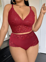 Plus Size Lace Women's Sexy Lingerie Set Soft Wireless Unlined Bra Mesh Spliced Breathable Panties Floral Lace Bra Set