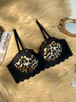 Sexy hot Lace trim spliced with leopard print bra Underwire Support & Wavy Scalloped Edge Push up bra Women's bra