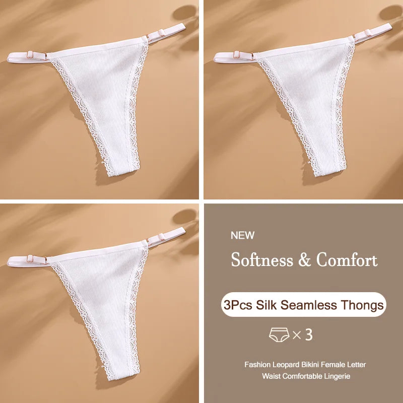 3Pcs G-String Cotton Sexy Women Thongs Adjustable Belt Seamless Panties Breathable Low Waist Lingerie Female Soft Solid Color