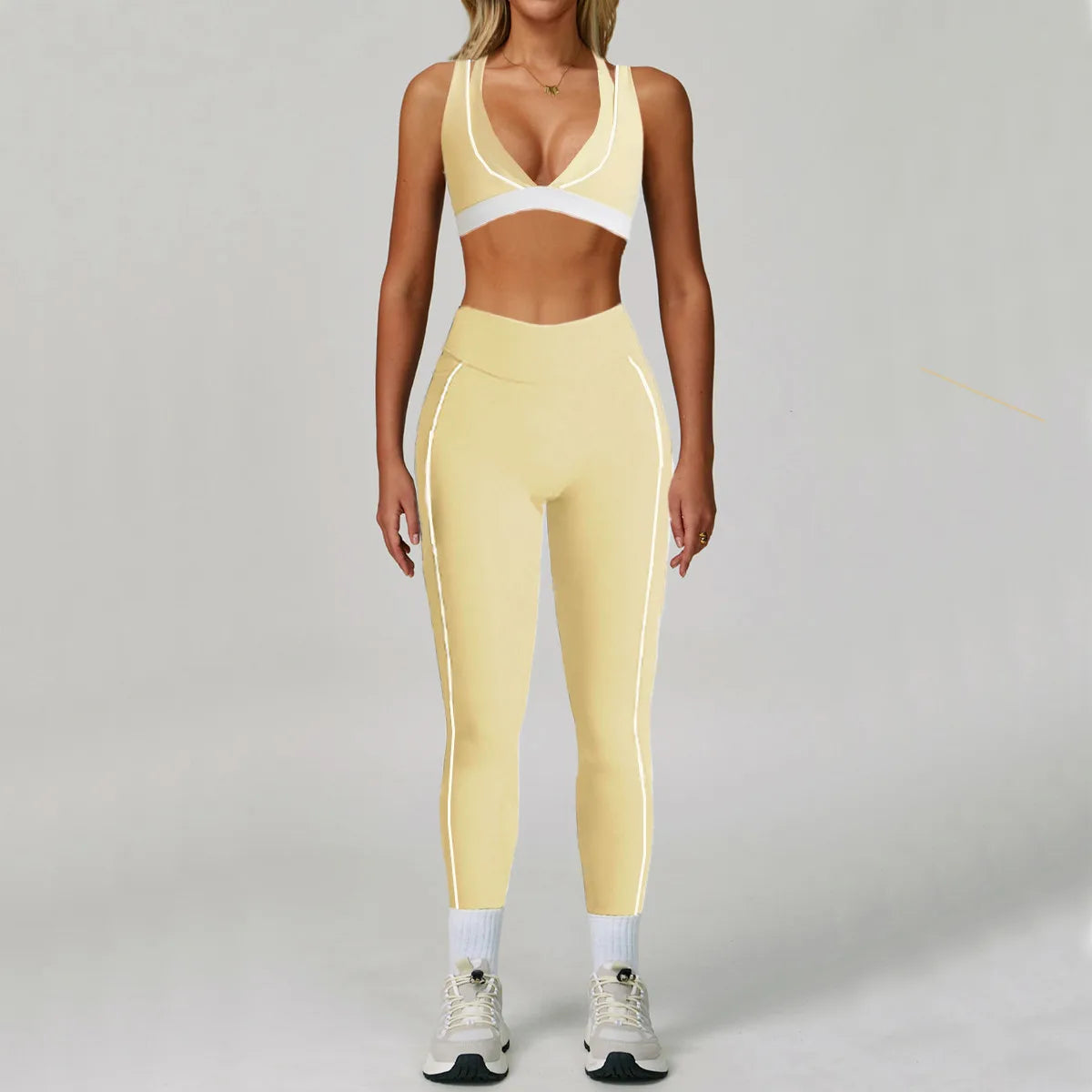 Pad 2PCS Yoga Set Sports Bras V-Neck Halter Pocket Fitness Workout Running Leggings Gym Woman Active Wear Clothing XP26