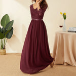 Elegant Lace Chiffon A-Line Long Dresses Women Wedding Dress Bridesmaid Dresses V-neck Mid-Sleeve Backless Zipper Female Dress