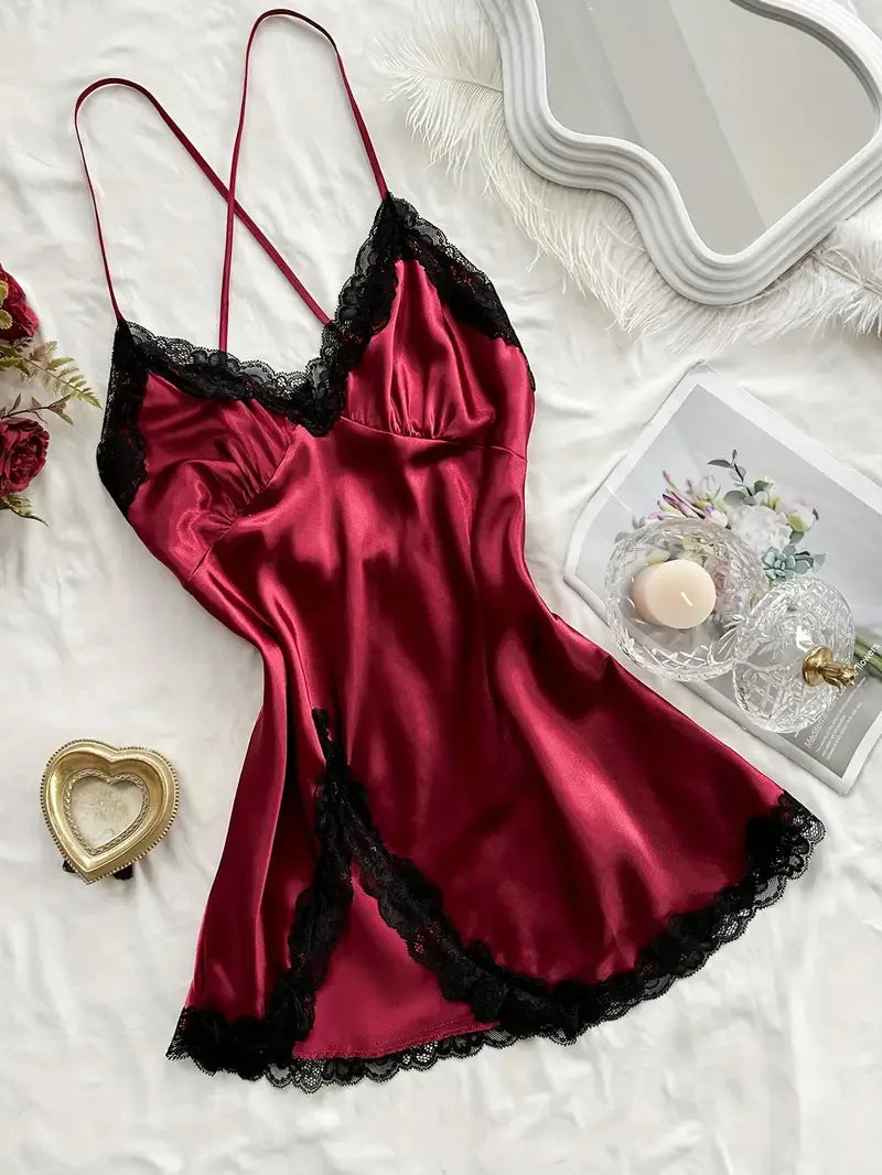 Sexy Pajamas Women's Lace Suspender Nightdress Silk Thin Dress Lingerie Women Nightgowns Sexy Solid Nightwear Summer Loungewear